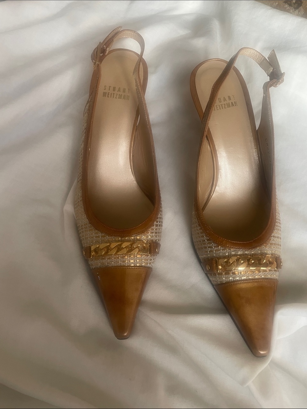 Stuart Weitzman Tan Leather & Tweed Pointed Slingback Pumps with Gold Chain